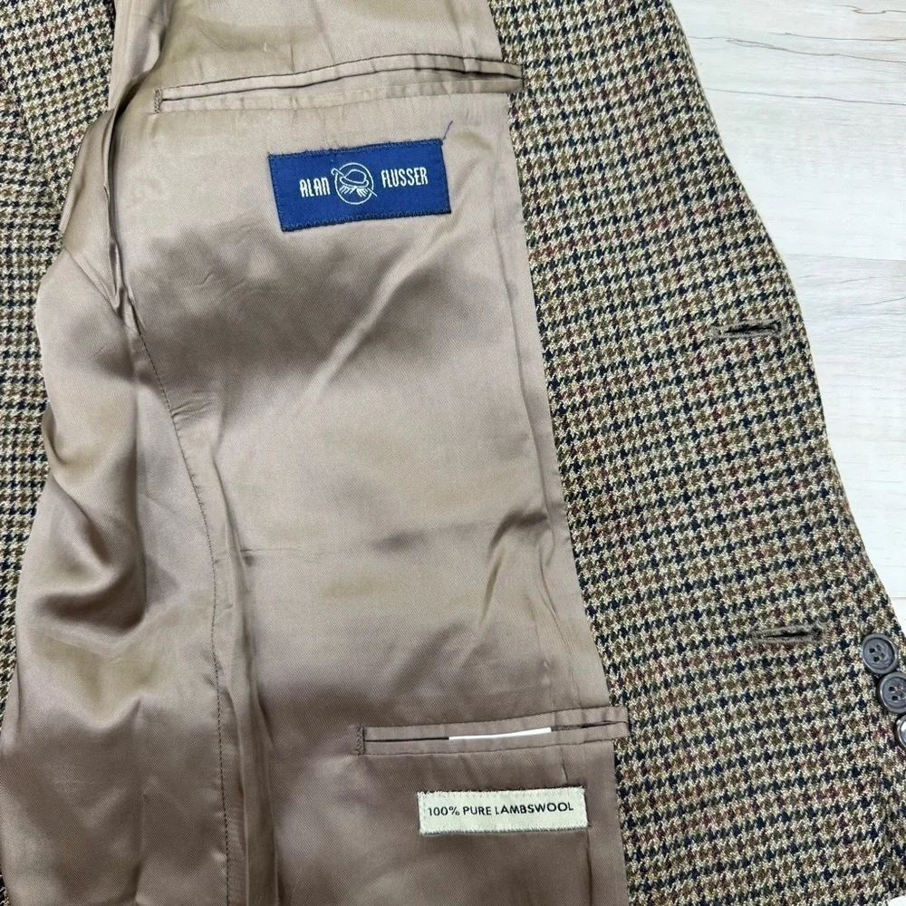 Alan Flusser Lambswool Blazer Sport Coat 40R Houndstooth browns neutrals